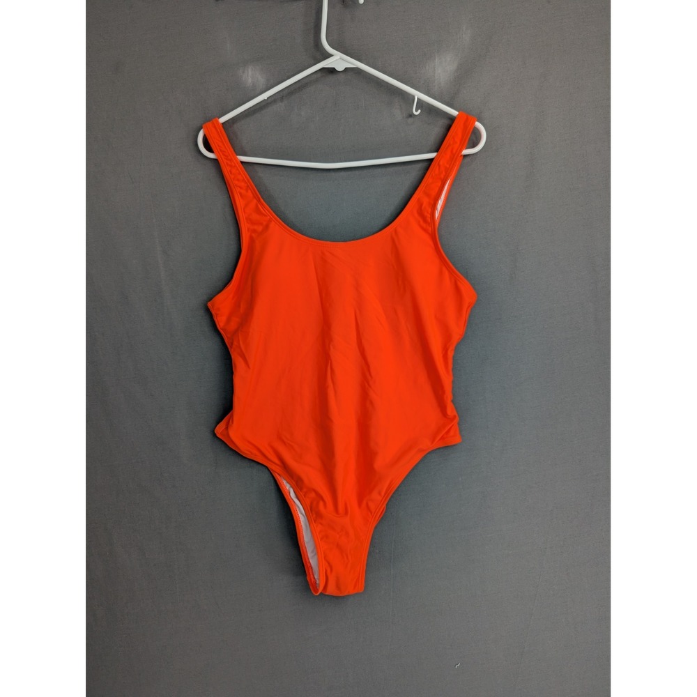 Neon Orange One Piece Swimsuit High Cut Scoop Neck XL